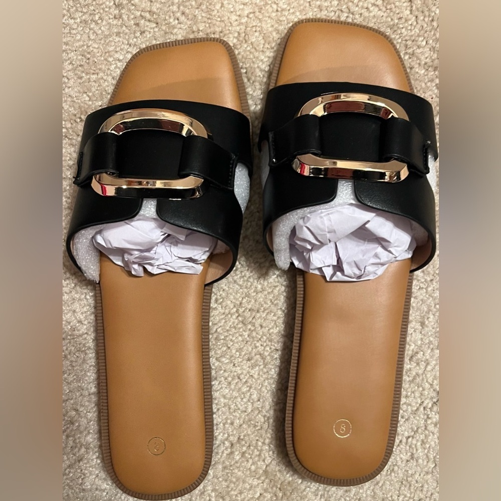 YTSKJ Black & Gold Slide Sandals Size 8 NIB Square Toe - Picture 2 of 5